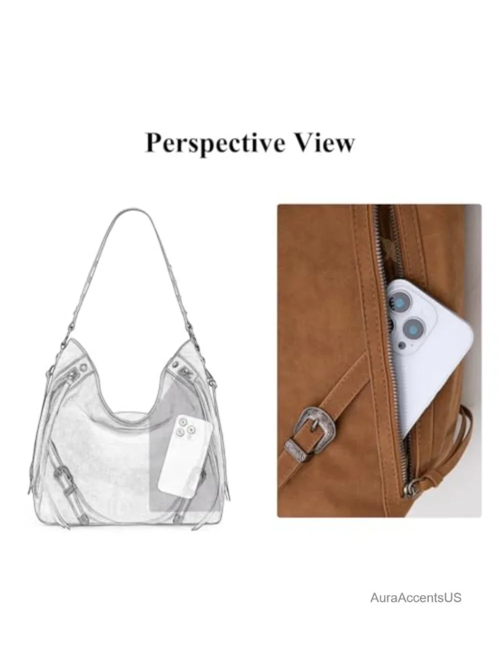 Large Faux Suede Hobo Handbag with Buckle Fringe Zipper Shoulder Bag